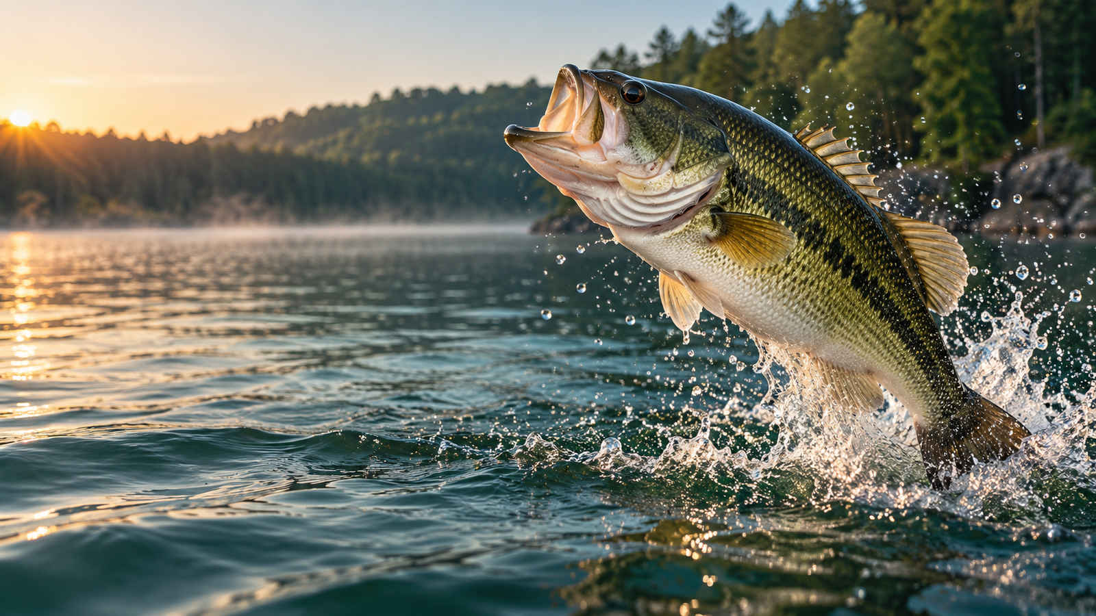 A largemouth bass leaping from a lake at sunrise